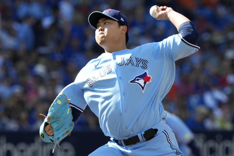 Toronto Blue Jays starting pitcher Hyun Jin Ryu throws during first inning of a baseball game against the Tampa Bay Rays in Toronto, Saturday, Sept. 30, 2023. (Frank Gunn/The Canadian Press via AP)
