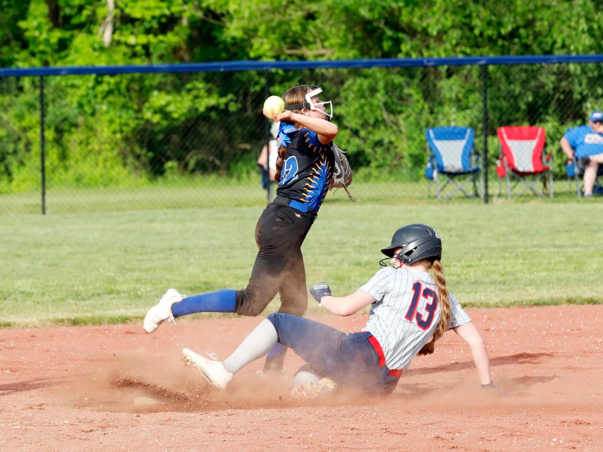 Karlee Southall tries to turned a double play as Malayni Clemens slides into second base during Philo's 14-0 loss to host Morgan in a Division II sectional game on Wednesday in McConnelsville.