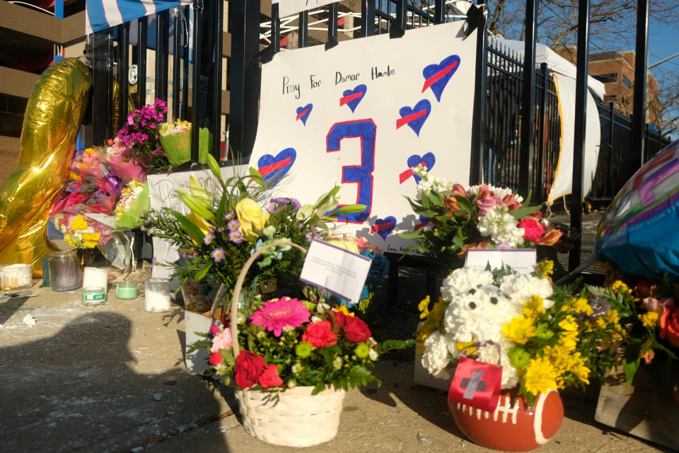 Fans show their support for Buffalo Bills safety Damar Hamlin outside the University of Cincinnati Medical Center on Wednesday in Cincinnati. (Photo by Ian Johnson/Icon Sportswire via Getty Images)