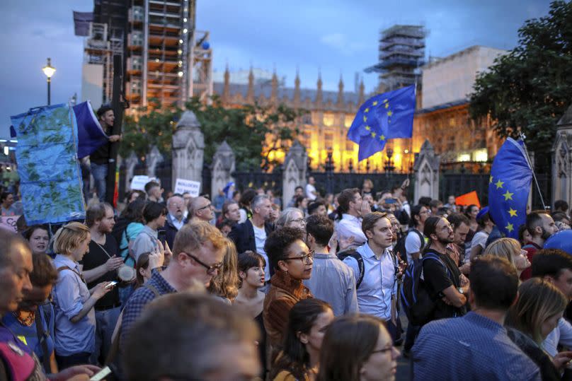 Anti-Brexit supporters take part in a protest in front of the Houses of Parliament in central London in 2019