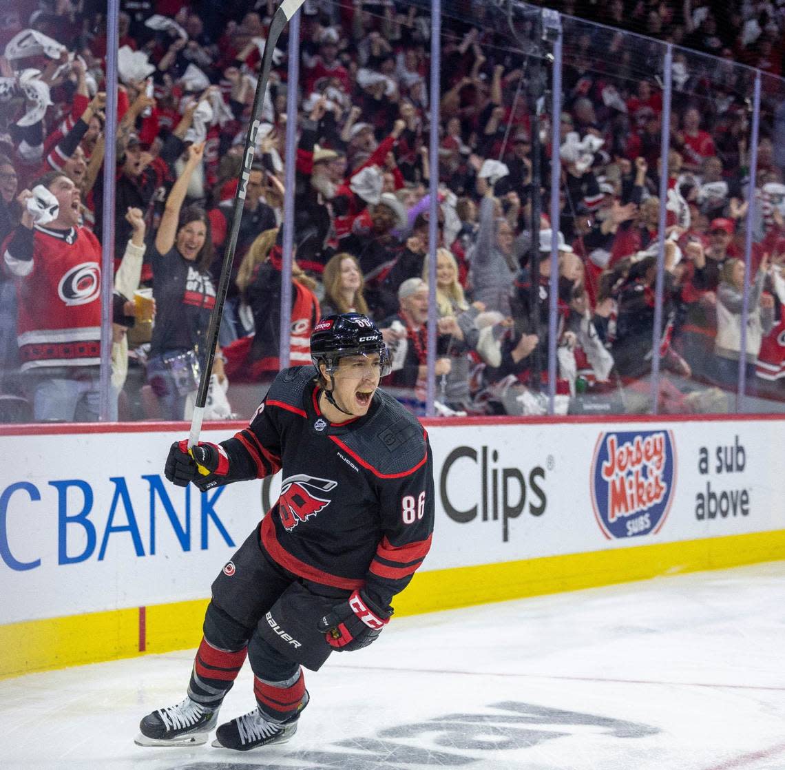 Carolina Hurricanes right wing Teuvo Teravainen (86) reacts after scoring against New York Islanders goalie Semyon Varlamov (40) in the first period during Game 5 of the NHL Eastern Conference quarterfinals against the New York Islanders on Tuesday, April 30, 2024 at PNC Arena, in Raleigh N.C.