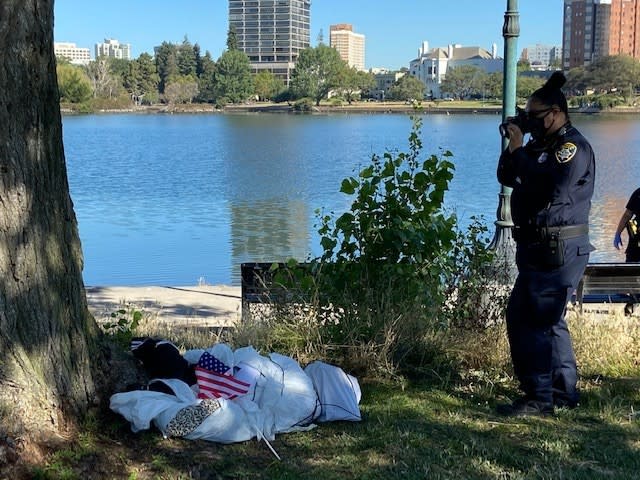 An effigy, a fake dead body, was found Thursday at Lake Merritt in Oakland.