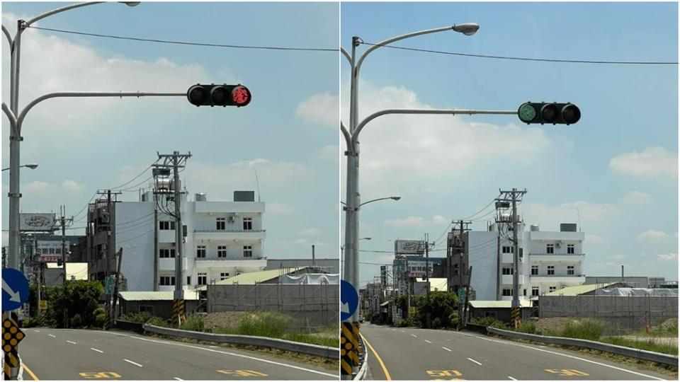 網友發現一個特殊的紅綠燈，竟然是「紅燈右、綠燈左」。（圖／翻攝臉書「爆廢公社」）