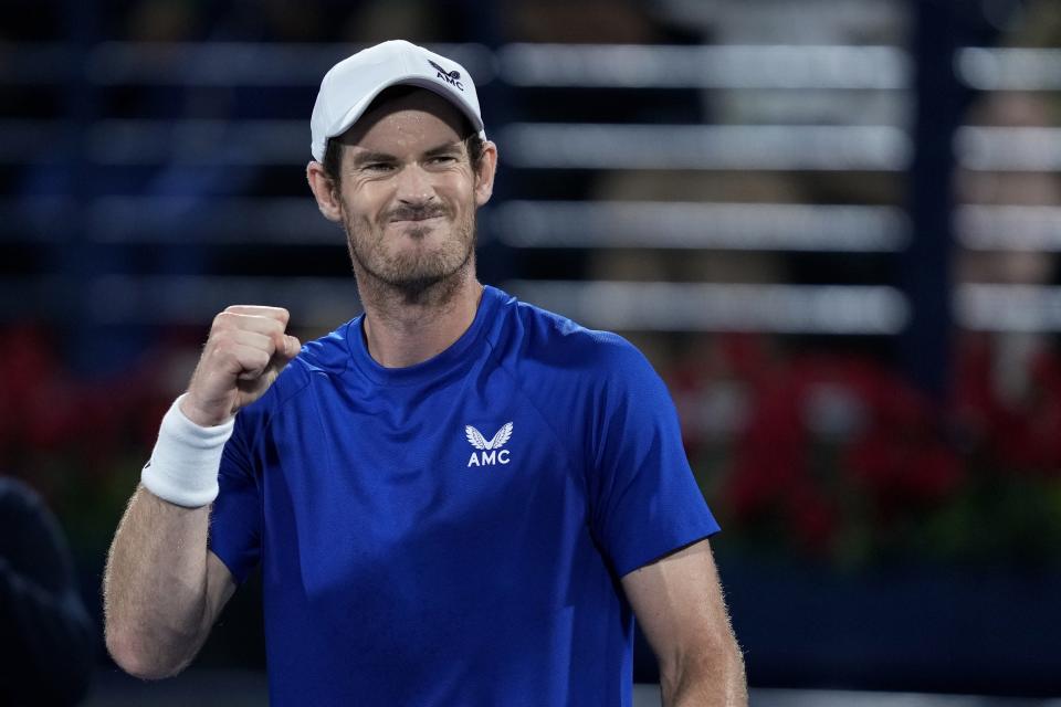 Andy Murray of Great Britain celebrates after beating Denis Shapovalov of Canada during a match of the Dubai Duty Free Tennis Championships in Dubai, United Arab Emirates, Monday, Feb. 26, 2024. (AP Photo/Kamran Jebreili)