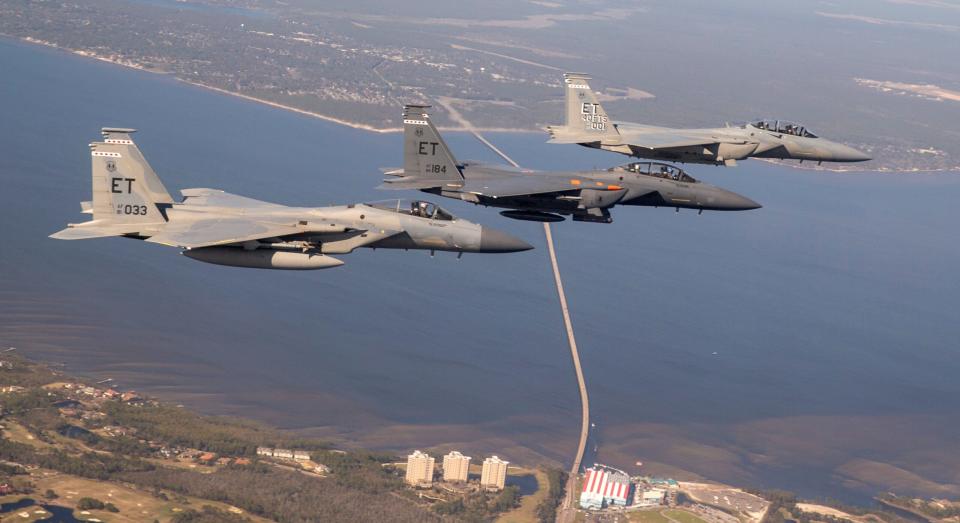 All three generations of Eagle, F-15C, F-15E, and F-15EX, fly over Eglin AFB in Florida on March 11, 2021 during the EX's initial delivery. (U.S. Air Force photo by Tech. Sgt. John Raven)