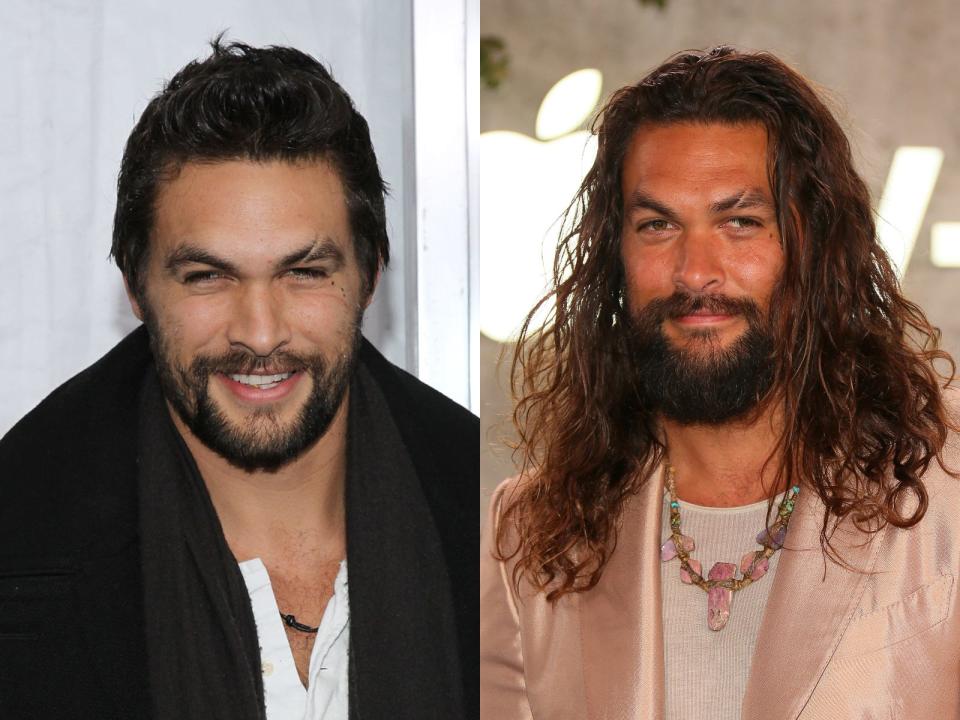 Jason Momoa with short hair on the left and long hair on the right