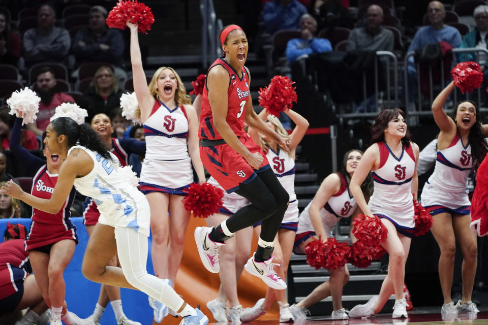 St. John's forward Danielle Patterson (3) reacts to a basket against North Carolina in the second half of a first-round women's college basketball game in the NCAA Tournament Saturday, March 18, 2023, in Columbus, Ohio. (AP Photo/Paul Sancya)