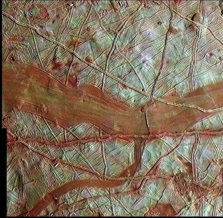 Colorized image of Europa's surface, taken by Galileo in 1997.