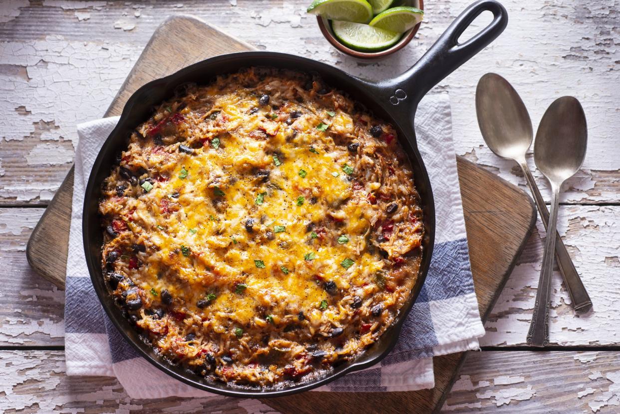 Southwestern Shredded Chicken Skillet with Rice, Black Beans, Tomato and Cheese