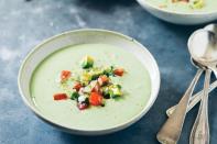 All the flavors of guacamole meet up in this soup, with yogurt adding body and refreshment. Serve it with a pita or tortilla chips, as well as a salad of frisée, jicama, and oranges. <a href="https://www.epicurious.com/recipes/food/views/chilled-avocado-and-yogurt-soup-with-tomato-salsa-56389458?mbid=synd_yahoo_rss" rel="nofollow noopener" target="_blank" data-ylk="slk:See recipe.;elm:context_link;itc:0;sec:content-canvas" class="link ">See recipe.</a>