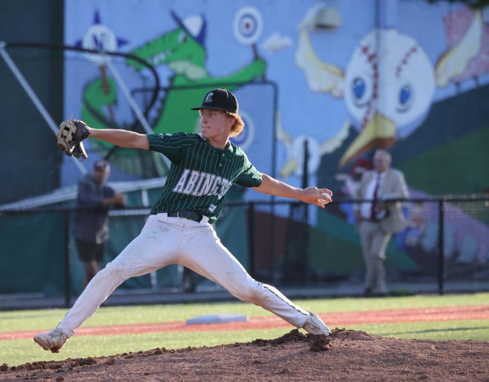 Abington starting pitcher John Sellon delivers a pitch during a game against Manchester-Essex at Fraser Field in Lynn on Tuesday, June 14, 2022.