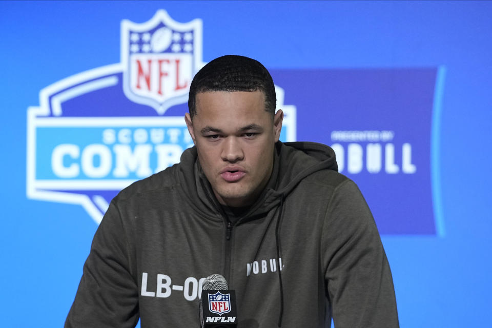 Army linebacker Andre Carter II speaks during a press conference at the NFL football scouting combine in Indianapolis, Wednesday, March 1, 2023. (AP Photo/Darron Cummings)