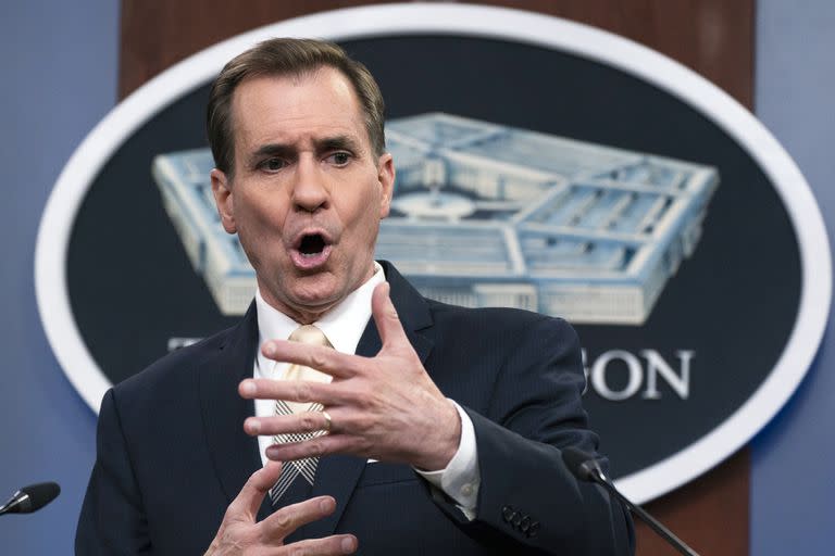 Pentagon spokesman John Kirby speaks during a briefing at the Pentagon in Washington, Monday, March 21, 2022. (AP Photo/Manuel Balce Ceneta)