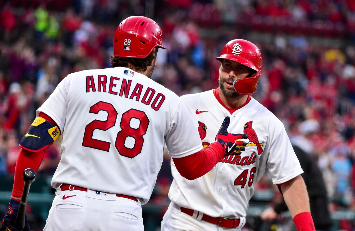 Apr 29, 2022; St. Louis, Missouri, USA;  St. Louis Cardinals first baseman Paul Goldschmidt (46) celebrates with third baseman Nolan Arenado (28) after hitting a solo home run against the Arizona Diamondbacks during the first inning at Busch Stadium. Mandatory Credit: Jeff Curry-USA TODAY Sports