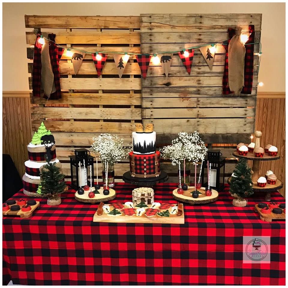 a buffalo plaidcovered dessert table, a great baby shower idea