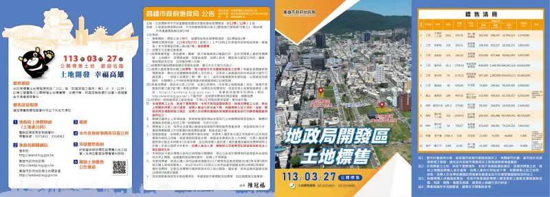 ▲高市113年度第1季開發區土地標售海報封面。（圖／高市府地政局提供）