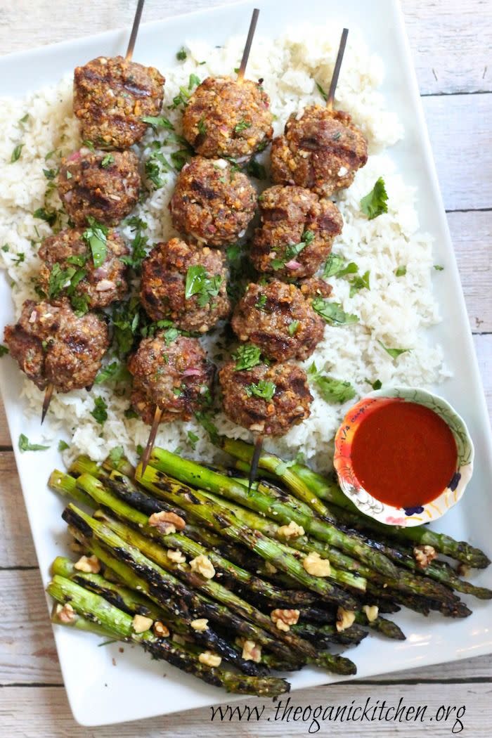 Grilled Sriracha Meatball Skewers with Coconut Rice