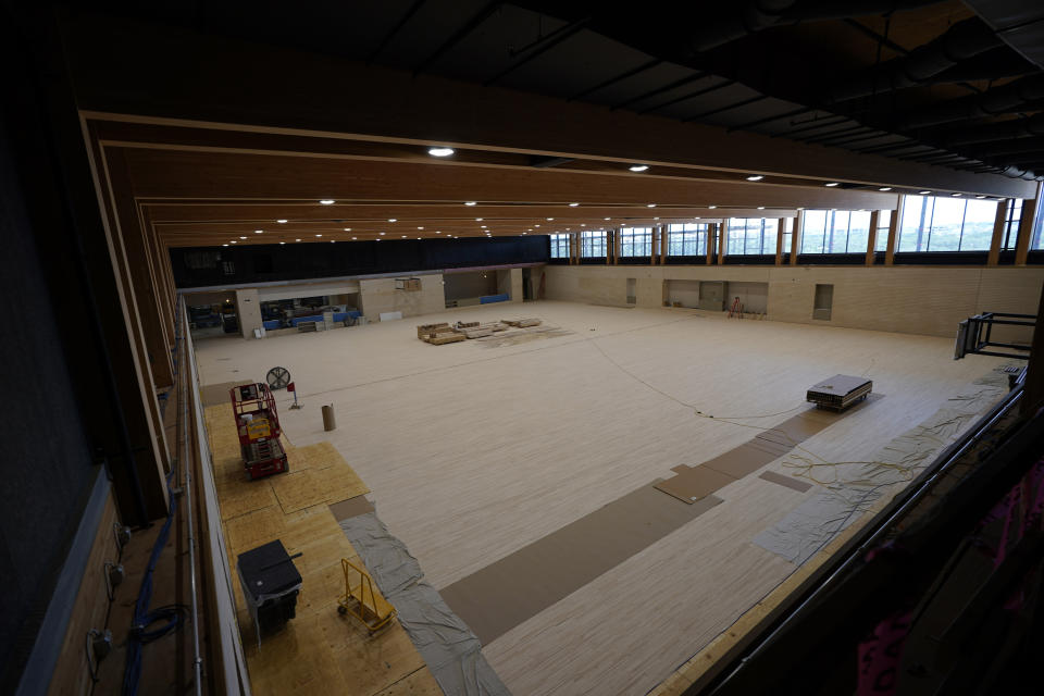 Work continues on the San Antonio Spurs' soon-to-be-ready NBA basketball practice facility, Sunday, June 25, 2023, in San Antonio. Large windows over the practice court will be included for viewing. (AP Photo/Eric Gay)