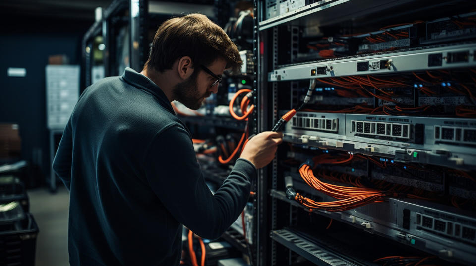 A technician at a Communication Equipment company inspecting a multimedia gateway.