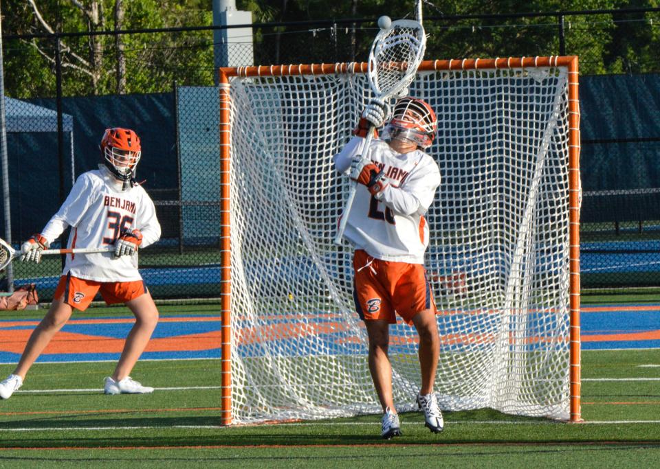 Benjamin's goalie Tatum Little (26) makes a save against St. Edwards during a district championship on April 17, 2024.