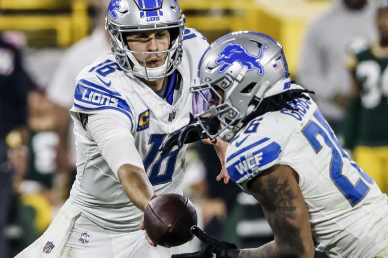 Detroit Lions running back Jahmyr Gibbs (R) ran for 152 yards and a score on 26 carries in a win over the Las Vegas Raiders on Monday in Detroit. File Photo by Tannen Maury/UPI