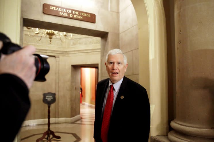 U.S. Representative Mo Brooks (R-AL) address reporters as he walks into a Speaker's office on Capitol Hill in Washington, U.S., March 23, 2017. REUTERS/Yuri Gripas/File Photo