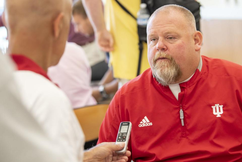 Run Game Coordiinator Darren Hiller answers questions during Indiana University football’s Media Day Thursday, August 1, 2019. (Rich Janzaruk / Herald-Times)
