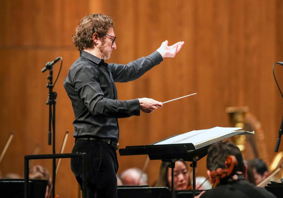 Louisville Orchestra Teddy Abrams conducts the LO on Saturday, March 11, 2023.  Abrams and the orchestra were performing an original piece by composer Joel Thompson, "To Awaken The Sleeper" a piece that combines the Louisville Orchestra with the spoken words of James Baldwin delivered by Metro Councilman Jecorey Arthur.  