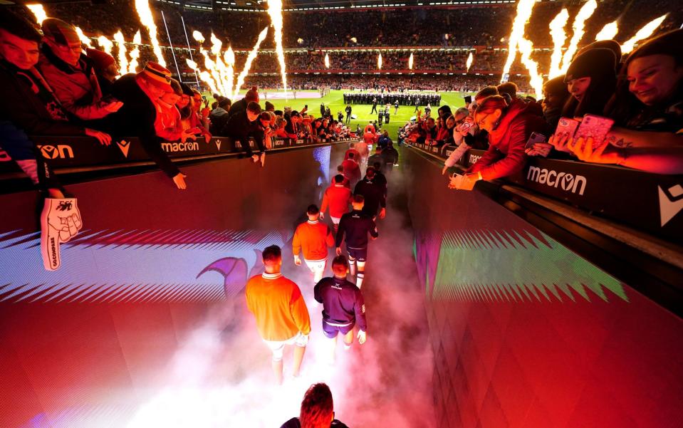 Both sides emerge from the tunnel at the Principality Stadium