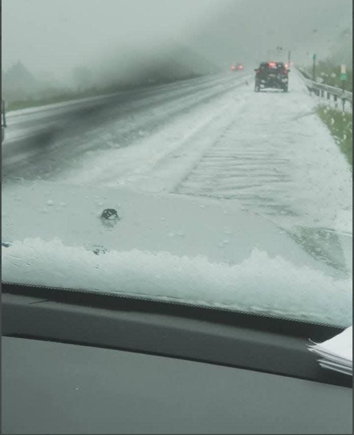 Hail on Interstate 86 near Cuba, New York on July 2, 2021.