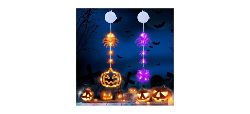 Lyhope Hanging Halloween Spider Web Lights purple and orange, shaped like pumpkins, spider webs and spiders