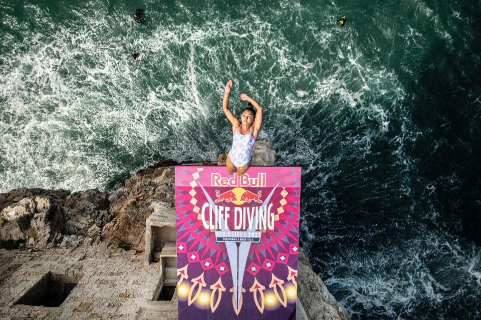 Australian Xantheia Pennisi dives from the 21 meter platform during the Red Bull Cliff Diving World Series in Polignano a Mare, Italy.