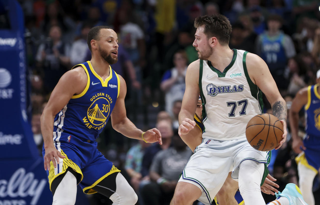 Golden State Warriors superstar Stephen Curry and Dallas Mavericks counterpart Luka Doncic will meet in the NBA playoffs for the first time. (Kevin Jairaj/USA Today Sports)