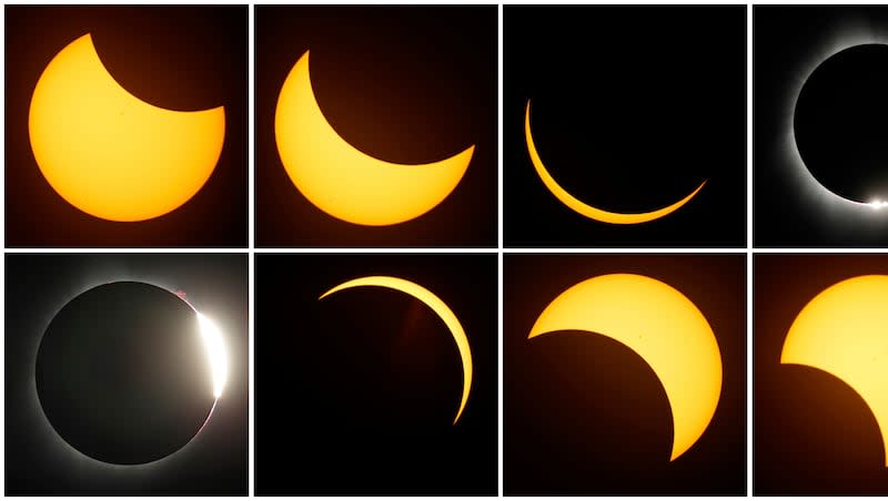 This combination of photos shows the path of the sun during a total eclipse by the moon Monday, Aug. 21, 2017, near Redmond, Ore. On April 8, 2024, spectators who aren't near the path of totality or who get cloudy weather on eclipse day can still catch the total solar eclipse, with NASA, science centers and media organizations planning to stream live coverage online from different locations along the path.