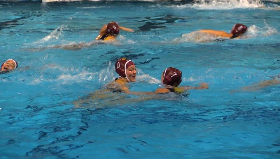 Juliana Thiele talks to teammate Anna Brockman in Sierra’s sudden death victory over Liberty-Bakersfield on Saturday, Nov. 11, 2023. ANTHONY GALAVIZ/agalaviz@fresnobee.com