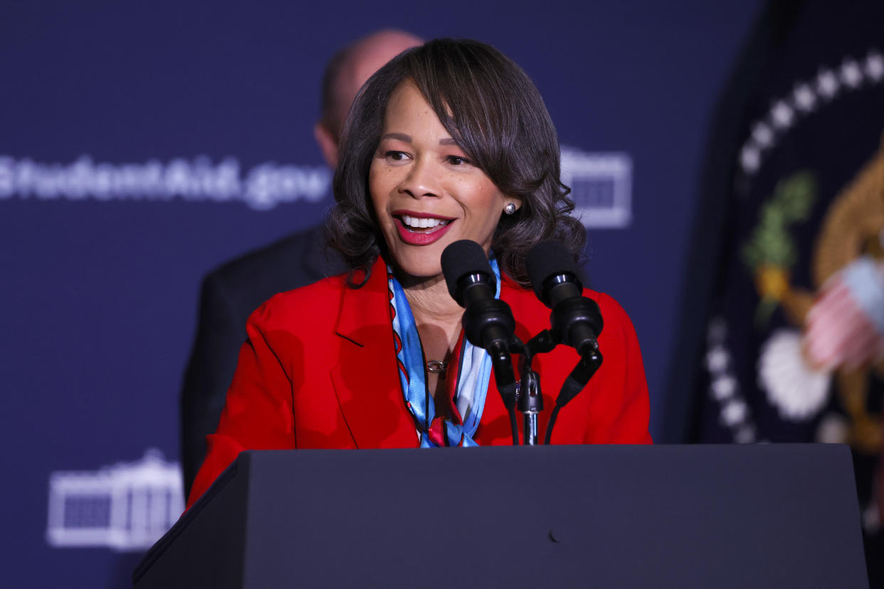 DOVER, DELAWARE - OCTOBER 21: Rep. Lisa Blunt Rochester (D-DE) speaks before U.S. President Joe Biden’s remarks on student debt relief at Delaware State University on October 21, 2022 in Dover, Delaware. Yesterday a federal judge ruled that six states trying to block President’s student loan forgiveness program lacked standing.