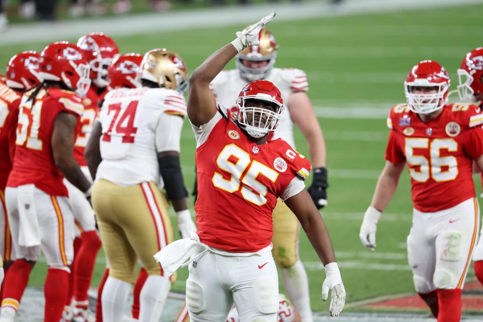 Kansas City Chiefs defensive tackle Chris Jones reacts after a play during Super Bowl LVIII at Allegiant Stadium on Feb. 11, 2024 in Las Vegas, Nevada.