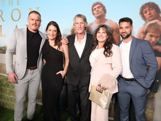 <p>Stewart Cook/Getty</p> Marshall Von Erich, Kristen Nikolas, Kevin Von Erich, Pam Adkisson and Ross Von Erich attend the premiere of A24's "The Iron Claw" on November 08, 2023 in Dallas, Texas.