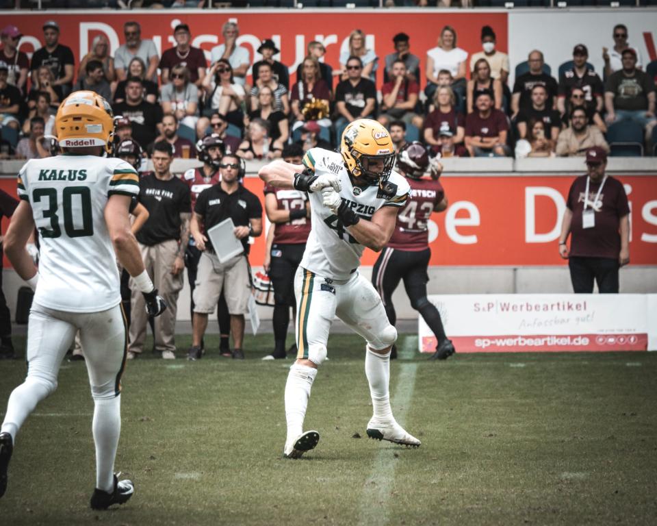 Former Harlem star A.J. Wentland celebrates one of his league-high 160 tackles last season when he played for the Leipzig (Germany) Kings of the European League of Football.