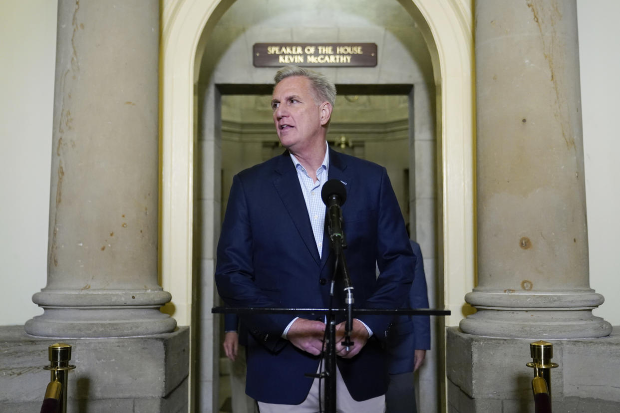 House Speaker Kevin McCarthy of Calif., arrives to speak at a news conference after President Joe Biden and McCarthy reached an 