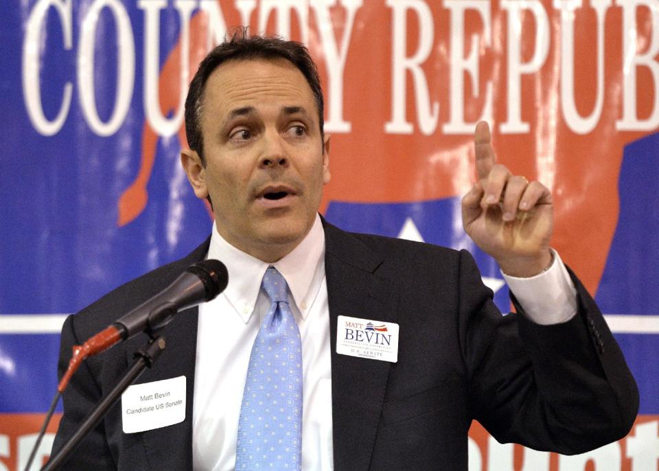 FILE -This Feb. 7, 2014 file photo shows Kentucky Republican Senate candidate Matt Bevin speaking at the Spencer County GOP Lincoln Day Dinner in Fisherville, Ky. Bevin is running against Senate Minority Leader Mitch McConnell of Ky. (AP Photo/Timothy D. Easley, File)