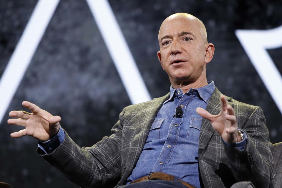 Amazon CEO Jeff Bezos speaks at the the Amazon re:MARS convention in Las Vegas on June 6, 2019. 