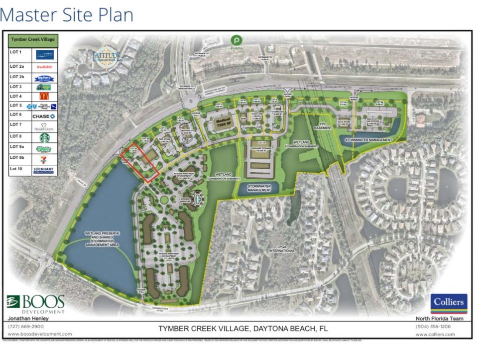 Site map for the Tymber Creek Village mixed-use development along LPGA Boulevard, a mile west of Interstate 95, in Daytona Beach.