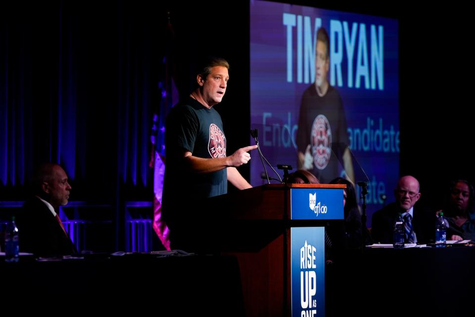 Sep 27, 2022; Columbus, OH, USA;  Tim Ryan speaks during an AFL-CIO Annual Meeting at the Hilton Hotel in Downtown Columbus. Ryan is a member of the US House of Representatives from Ohio, he is running against GOP Candidate JD Vance for a US Senate seat. to Mandatory Credit: Brooke LaValley/Columbus Dispatch