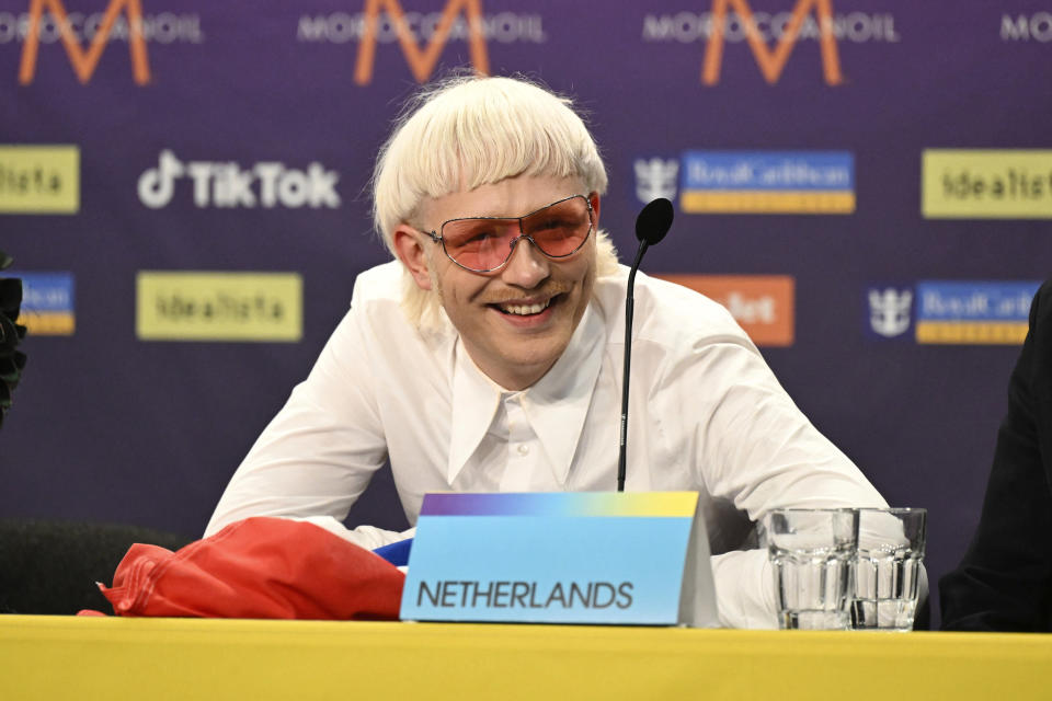 Joost Klein representing the Netherlands with the song "Europapa," smiles at a press conference with the entries that advanced to the final after the second semi-final of the 68th edition of the Eurovision Song Contest at the Malmö Arena, in Malmö, Sweden, Thursday, May 9, 2024. (Jessica Gow/TT News Agency via AP)