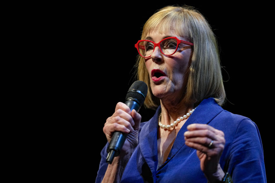 FILE - Lt. Gov. Suzanne Crouch speaks during a Republican Indiana gubernatorial candidate forum in Carmel, Ind., Jan. 25, 2024. (AP Photo/Michael Conroy, file)