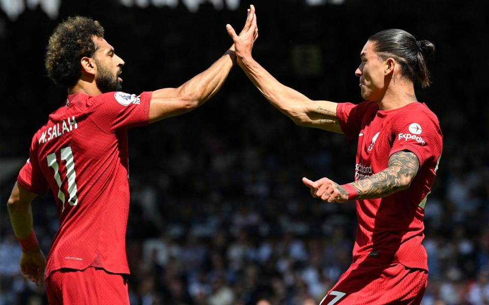 Mohamed Salah (left) congratulates Darwin Núñez - Sparkling Darwin Nunez spares Liverpool’s blushes as Aleksandar Mitrovic spreads mayhem - GETTY IMAGES