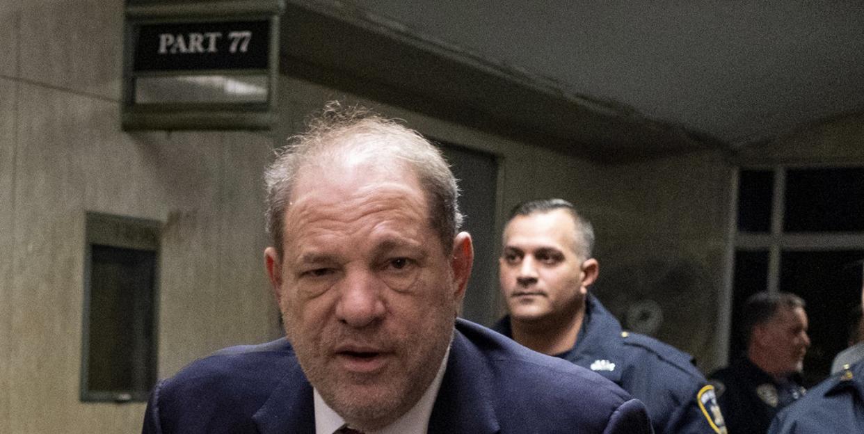 <span class="caption">Harvey Weinstein leaves for the day during his trial on charges of rape and sexual assault, in New York, Jan. 28, 2020. </span> <span class="attribution"><a class="link " href="http://www.apimages.com/metadata/Index/Sexual-Misconduct-Weinstein/69f69c8e09b44f89b99423c010c2c8c6/10/0" rel="nofollow noopener" target="_blank" data-ylk="slk:AP Photo/Craig Ruttle;elm:context_link;itc:0;sec:content-canvas">AP Photo/Craig Ruttle</a></span>