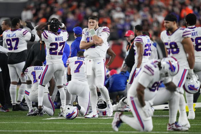 CINCINNATI, OHIO - JANUARY 02: Josh Allen #17 of the Buffalo Bills reacts to teammate Damar Hamlin #3 collapsing after making a tackle against the Cincinnati Bengals during the first quarter at Paycor Stadium on January 02, 2023 in Cincinnati, Ohio. (Photo by Dylan Buell/Getty Images)