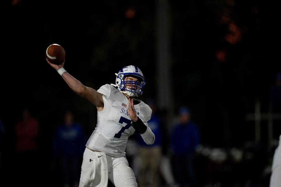 St. Xavier quarterback Chase Herbstreit (7) throws a pass in the second quarter of the OHSAA football game between La Salle and St. Xavier at La Salle High School in Monfort Heights on Friday, Oct. 7, 2022.